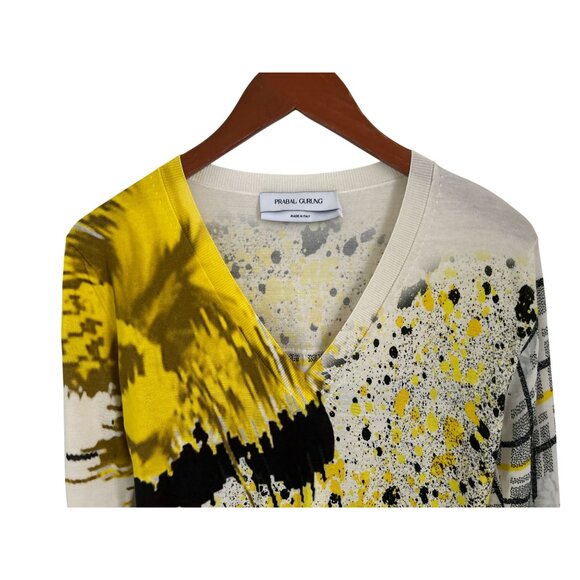 Prabal Gurung 100% Silk Top Abstract Yellow & Black Print V-Neck Long Sleeve Swe - Picture 5 of 6
